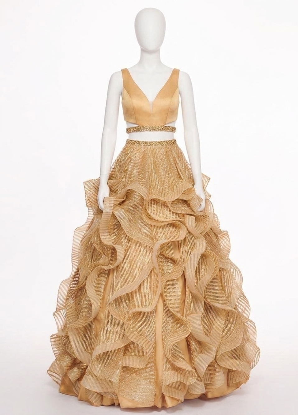 NEW RACHEL ALLAN two-piece matte satin ruffled gown in deep gold